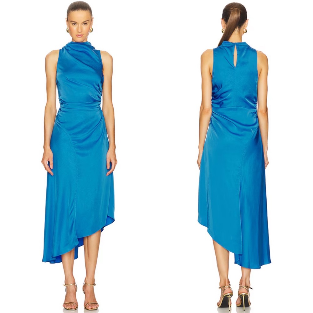 NEW NWT A.L.C. Iggy Ruched Asymmetrical Midi Dress In Ibiza Blue
